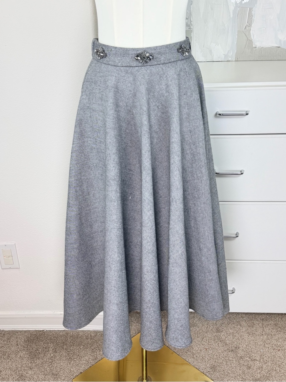 Anewsta Gray Wool-Blend Embellished Flared A-Line Midi Skirt